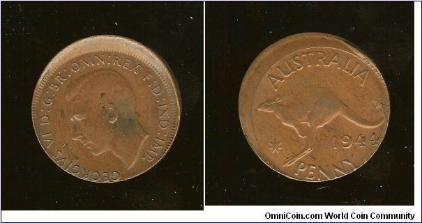 1944 (Y.) Penny. Large 3mm mis-strike