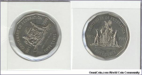 2001 fifty cent. Federation. NSW (right) & NT (left)