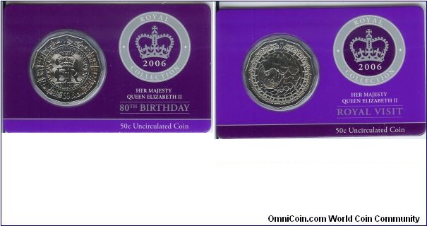 2006 fifty cent folders. Left - QE2 80th Birthday. Right - Royal Visit