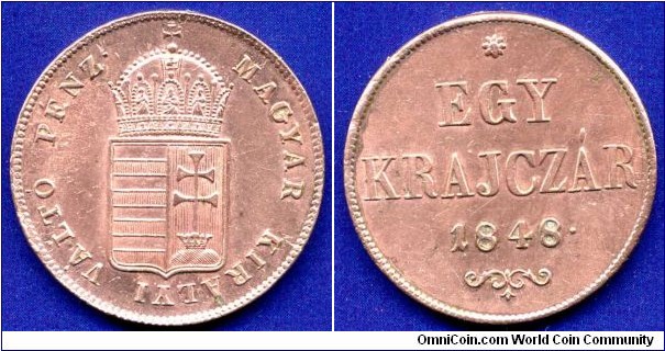1 Krajczár.
Kingdom of Hungary.
Coin of the Hungarian revolt 1848-49, suppressed by Russian troops.
Without mintmark.


Cu.