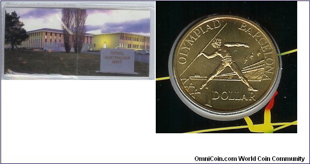 1992 $1 Olympic Games folder depicting the Royal Australian Mint building