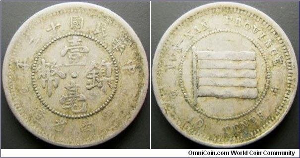 China Yunnan Province 1923 10 cents. Struck in nickel. #3/5. Weight: 4.48g