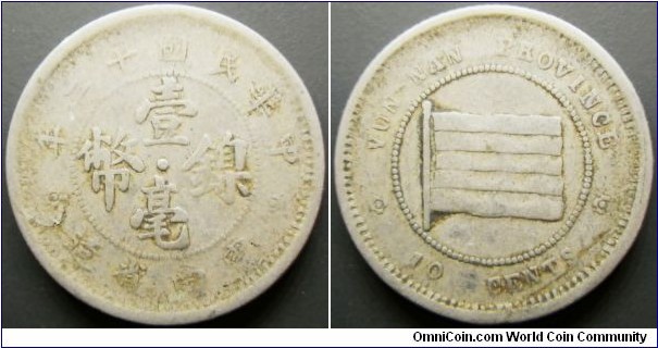 China Yunnan Province 1923 10 cents. Struck in nickel. #5/5. Planchet flaw. Weight: 4.74g