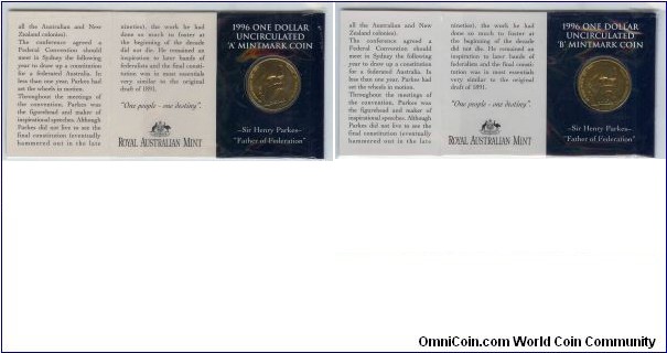 1996 $1 Henry Parkes folder Left - 'A' mint mark (Adelaide Show) & Right - 'B' mint mark (Brisbane Show)