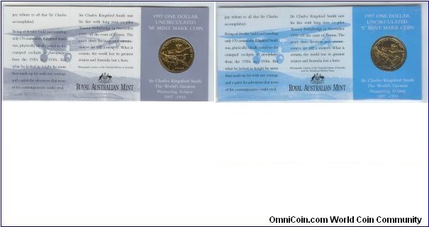 1997 $1 Kingsford-Smith folder Left - 'M' mint mark (Royal Melbourne Show) & Right - 'S' mint mark (Sydney Easter Show)