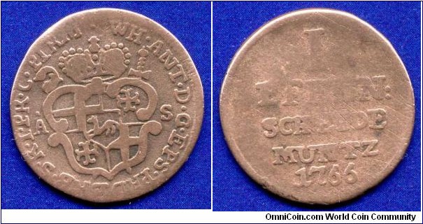 1 pfennig.
Bishopric Paderborn.
Wilhelm Anton von der Asseburg (1763-1782).
*AS* - mintmaster Iohann Anton Schroder, work in 1764-91.


Cu.