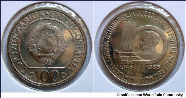 100 dinara.
1985, 40th Anniversary of the Liberation of Yugoslavia and Victory over Fascism.