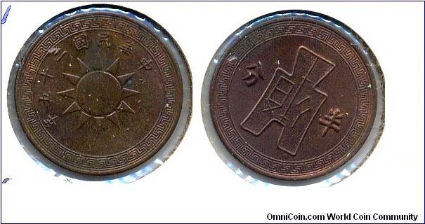 1/2 FEN(半分), ROC Year 25. 中華民國二十五年半分銅幣。