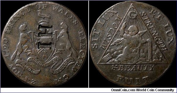 1794 ½ Penny Token, Great Britain.

I have no idea about the countermark.