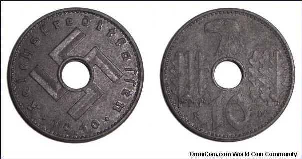 GERMANY (THIRD REICH)~10 Reichspfennig 1940 A. Military issue used in occupied territories only. Mint: Berlin