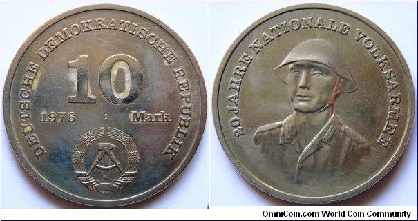 10 mark.
1976, 20th Anniversary of the National People's Army. German Democratic Republic (East Germany)