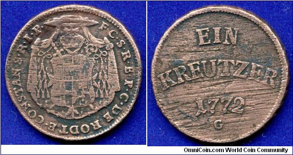 1 kreutzer.
Bishopric Konstanz.
Franz Konrad von Rodt (1751-1800).
*G* - Günzburg mint.
Defective piece.


Cu.