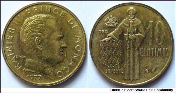 10 centimes.
1977, Prince Rainier III. Al-br.
Weight; 3g. Diameter; 20mm.
Mintage; 172.500 units. 