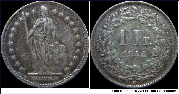 ~SOLD~ Switzerland 1 Franc 1944-B (Ag)