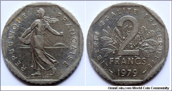 2 francs.
1979, Ni. Weight; 7,5g. Diameter; 26,5mm. Mint; La Monnaie de Paris, Pessac. Mintage; 130.040.511 units.