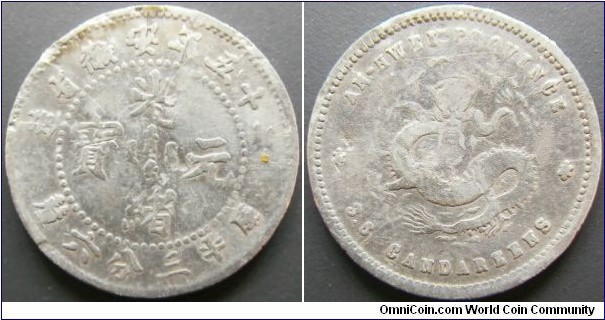 China Anhui Province 1899 3.6 candareens. Bent, cleaned. Not an easy coin to find. Weight: 1.33g. 