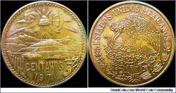 Mexico 20 Centavos 1971 ~ Toned