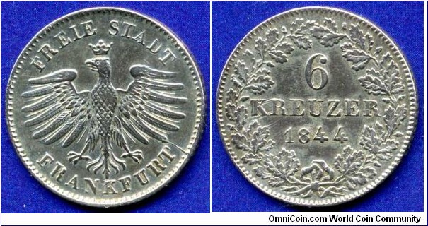 6 kreuzer.
Freie Stadt Frankfurt.
Mintage 370,000 units.


Ag333f. 2,59gr.