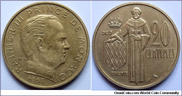 20 centimes. 1962, Prince Rainier III. Al-br. Weight; 4g. Diameter; 23,5mm. Mintage; 750.000 units.