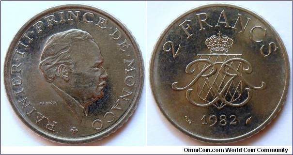 2 francs.
1982, Prince Rainier III. Nickel. Weight; 7,5g. Diameter; 26,5mm. Mintage; 446.000 units.