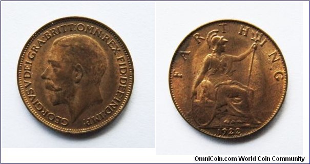 George V Farthing. Very clear ghosting on reverse.
