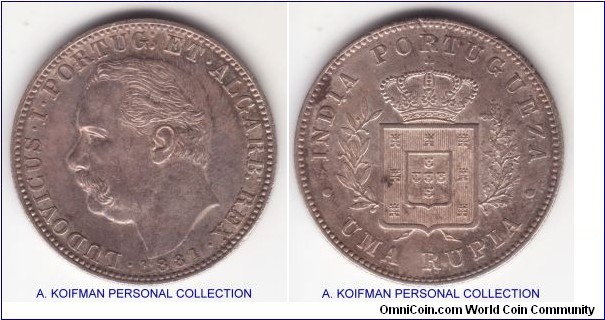 KM-12, 1881 Portuguese India uma (one) rupia; silver, reeded edge; toned good very fine