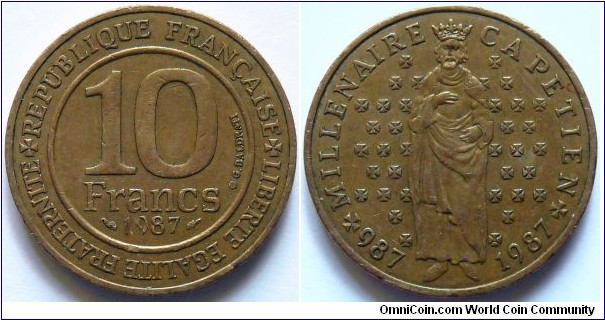 10 francs.
1987, Millenium of Capetian. Cu-Al-Ni. Weight; 10g. Diameter; 26mm. Mint; La Monnaie de Paris, Pessac. Withdrawn from circulation 01.07.1993. Mintage; 19.958.656 units.