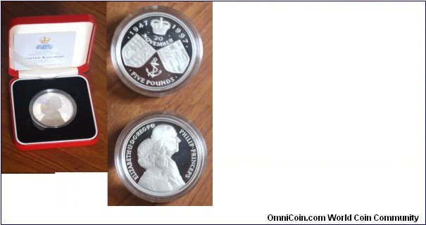 5 Pounds. Golden Wedding Commemorative of QE II & Prince Phillip. Silver coin