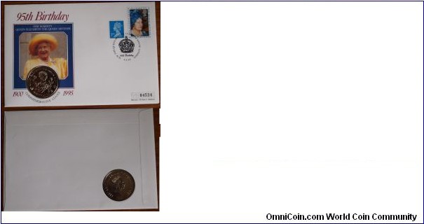 5 Pounds. Coin cover for the 95th Birth Anniversary of Queen Mother
