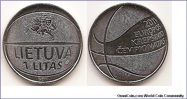 1 Litas
KM#177
The obverse  alloy feature a stylized basketball ball and Vytis, the symbol of the state emblem of the Republic of Lithuania, an inscription LIETUVA (Lithuania), the inscription of the denomination 1 LITAS (1 litas), and the year of issue 2011. The reverse alloy feature a stylized basketball ball and an inscription 2011 EUROPOS KREPŠINIO ČEMPIONATAS (The European Basketball Championship 2011).  
Copper-Nickel, 22.3mm. Designed by Liudas Parulskis ir Giedrius Paulauskis. Mintage 1,000,000 pcs
Issue 21.06.2011. The coin was minted at the UAB Lithuanian Mint.