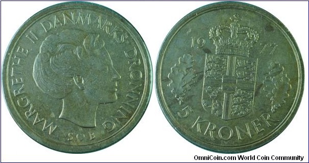 Denmark5Kroner-Initials SB-km863.1-1977