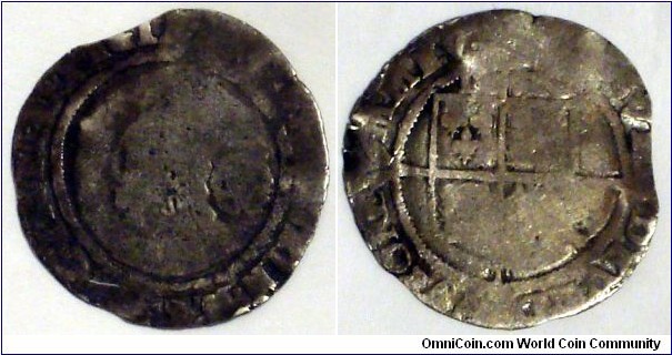 Hammered Elizabeth I sixpence; date uncertain.  Possible 1571 b/c shield corners touch ring on reverse
