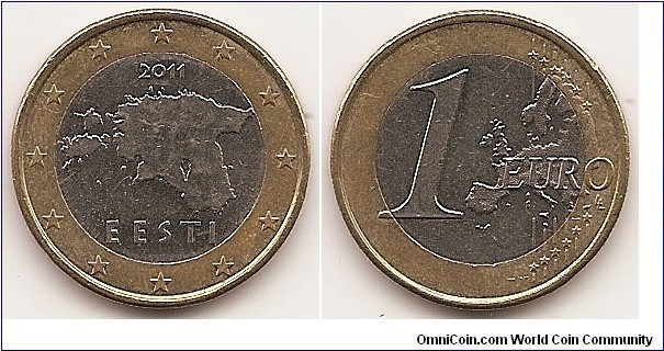 1 Euro
KM#67
7.5000 g., Bi-Metallic Copper-Nickel center in Nickel-Brass ring, 23.20 mm. Obv: Map of Estonia Rev: Large value at left, modified outline of Europe at right Edge: Segmented reeding