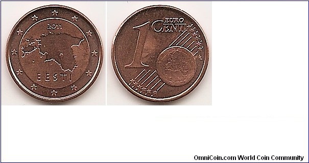 1 Euro cent
KM#61
2.2700 g., Copper Plated Steel, 16.20 mm. Obv: Map of Estonia Rev: Large value at left, globe at lower right Edge: Plain
