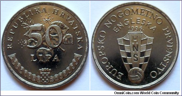 50 lipa.
1995, European Footbal Championship, England '96. Nickel plated Steel. Weight; 3,65. Diameter; 20,50mm. Mintage; 900.000 units.