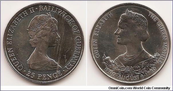 25 Pence
KM#35
28.3100 g., Copper-Nickel, 38.5 mm. Ruler: Elizabeth II Subject: Queen Mother's 80th Birthday Obv: Young bust right Rev: Bust left