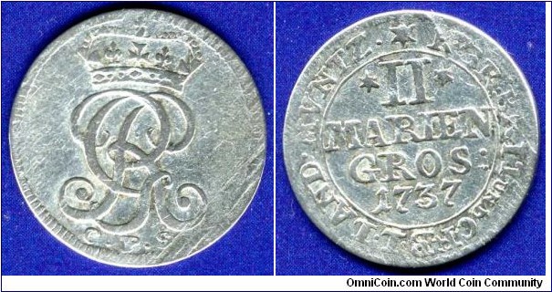 2 marien groschen.
Braunschweig-Calenberg-Hannover.
Georg II (1727-1760).
*CPS* - mintmaster Christian Philipp Spangenberg, work on Clausthal mint in 1725-53.


Ag.