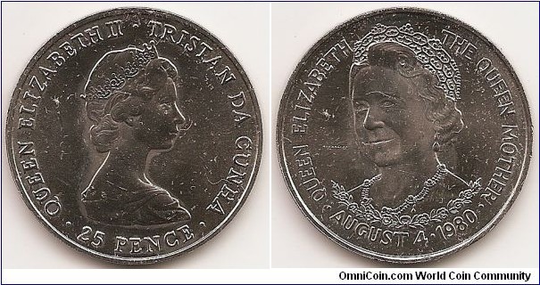 25 Pence - TRISTAN DA CUNHA -
KM#3
Copper-Nickel, 38.5 mm. Ruler: Elizabeth II Subject: 80th Birthday of Queen Mother Obv: Young bust right Rev: Queen Mother 1/4 left above sprig Edge: Reeded