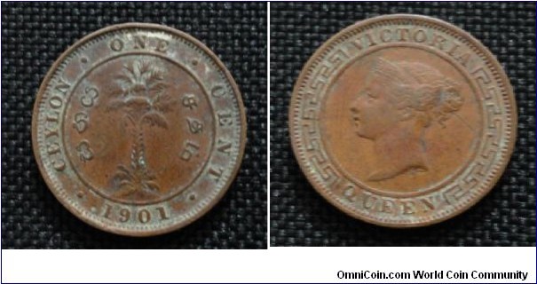 Ceylon is now called Sri Lanka after its independence from Great Britain. Victoria Queen headed 1 cent.  I want to know the value of this coin.
