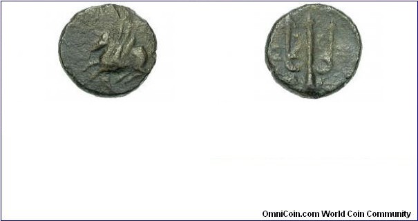 Corinth, 287-252 BC, 0°, ex BCD collection, ex Kovacs sale dec '80, ex Prof. Saul Weinberg collection.

O: pegasos flying left, koppa below
R: Omate trident-head, Sigma left, bunch of grapes right