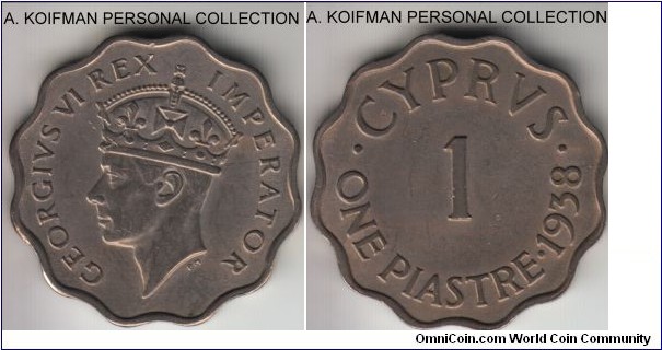 KM-23, 1938 Cyprus piastre; copper-nickel, plain edge, scalloped flan; extra fine, one year type.
