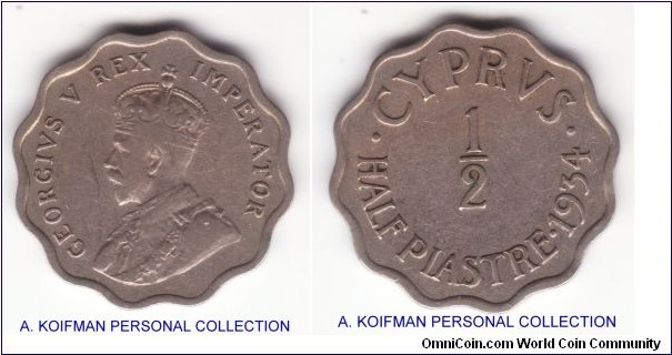 KM-20, 1934 Cyprus 1/2 piastre; copper-nickel, scalloped edge; average circulated about very fine.