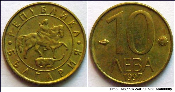 10 leva.
1997, Cu-Zn. Weight; 1,5g. Diameter; 15,5mm. Reeded edge. Minted in Sofia, Bulgaria. Design; Lyubomir Prahov / Petar Stoikov / Vladimir Yossifov. Withdrawn from circulation; 31.12.1999.