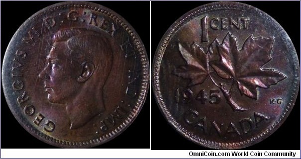 Canada 1 Cent 1945 ICCS MS63RD ~ Toned