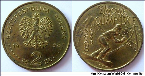 2 zlote.
1998, XVIII Olympic Winter Games - Nagano 1998. Metal; Nordic Gold. Weight; 8,15g.
Diameter; 27mm.
Mintage; 400.000 units.