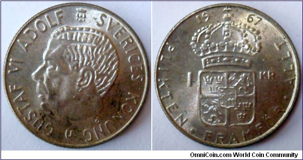 1 krona.
1967, Ag 400.
Weight; 7g. Diameter; 25mm.
Mint; Eskilstuna.
Mintage; 17.234.500 units.