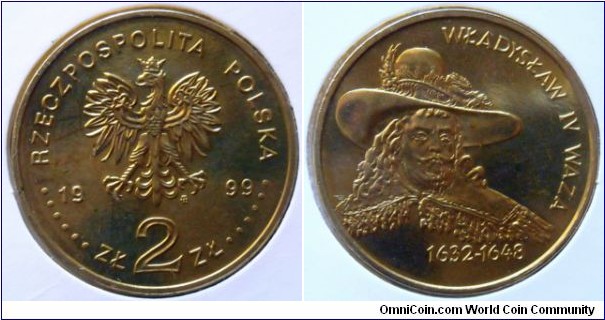 2 zlote.
1999, Wladyslaw IV Vasa (1595-1648) Polish and Swedish prince from the House of Vasa. King of the Polish-Lithuanian Commonwealth (1632-1648)