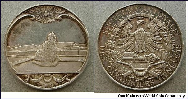 Geneva Societe Cantanale des Carabiniers Medal. Silver 41 MM. Mintage: 300
