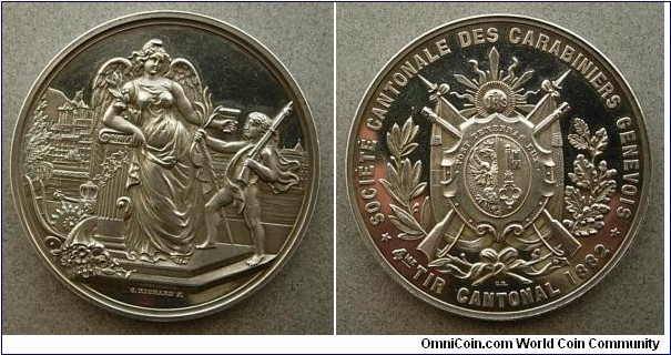 Geneva Societe Cantonale des Carabiniers Genevois 4th Tir Cantonal Medal. Silver 43MM.
Mintage: 600