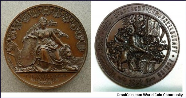 1892 Swiss Zurich Shooting Medal by Bovy, Bronze 48 MM,
